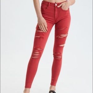🔥 AEO Red / Pink Distressed Long Jeggings